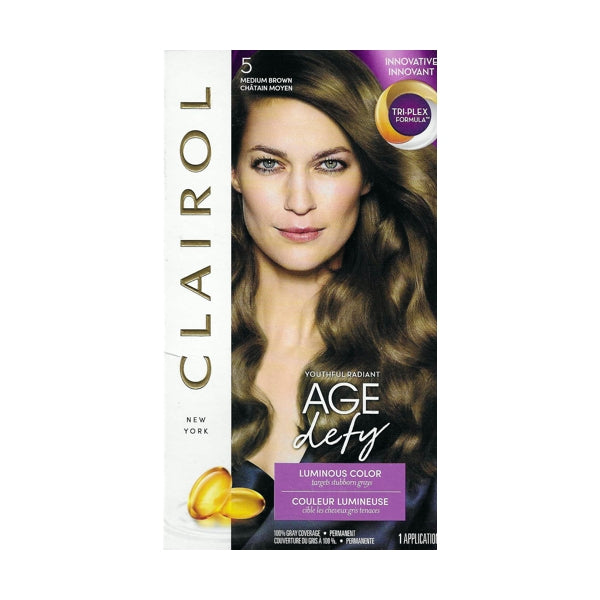 Clairol Age Defy Luminous Color Hair Color Permanent Kit with Tri-Plex Formula (5 Medium Brown) 100% Gray Coverage