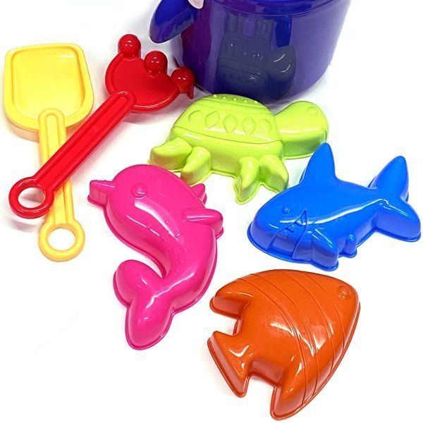 Ankyo Shark Jumbo Plastic Beach Bucket Set - Blue (7 - Piece Set) Includes Bucket, Sand Molds, Rake, Shovel for Fun Beach Play - Dollar Fanatic