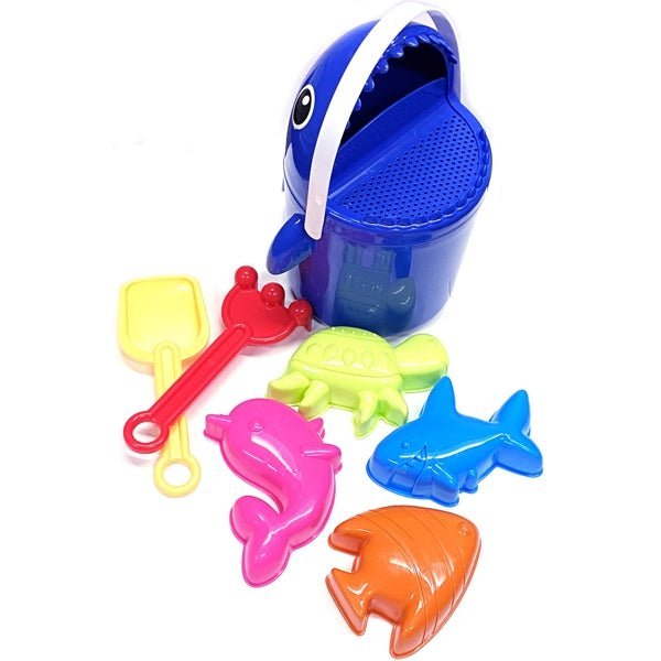 Ankyo Shark Jumbo Plastic Beach Bucket Set - Blue (7 - Piece Set) Includes Bucket, Sand Molds, Rake, Shovel for Fun Beach Play - Dollar Fanatic
