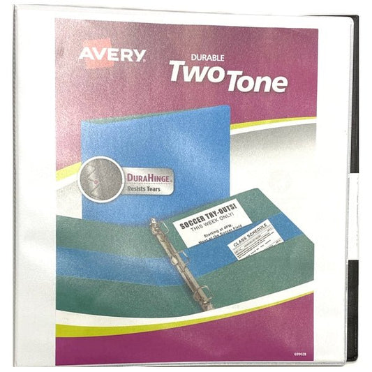 Avery Durable Clear Cover 3-Ring Notebook Binder - Two-Tone White/Black (1-1/2"/375 Sheet Capacity) Resists Tears - $5 Outlet