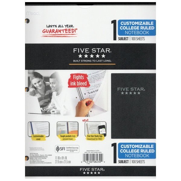Five Star 1 - Subject College Ruled 8.5" x 11" Customizable Cover Spiral Notebook (100 Sheets) Select Color - Dollar Fanatic