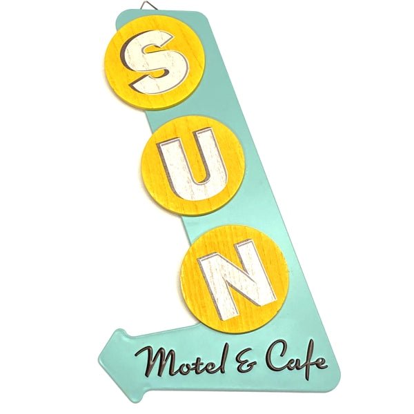 Newclassic Sun Motel and Cafe Novelty Wood and Metal Wall Sign Decor - Yellow/Green (16" X 7.5") - Dollar Fanatic