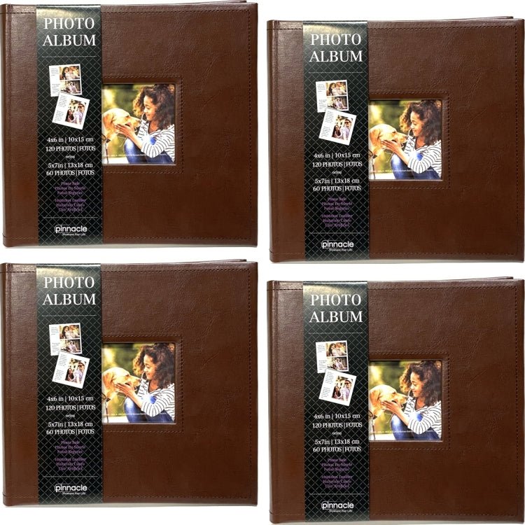 Pinnacle Photo Album Book with Picture Window and Memo Writing Space - Faux Brown Leather Hardcover (9.5" x 8.75", 60 Pages) Holds 4 x 6 Pictures and 5 x 7 Pictures - Dollar Fanatic