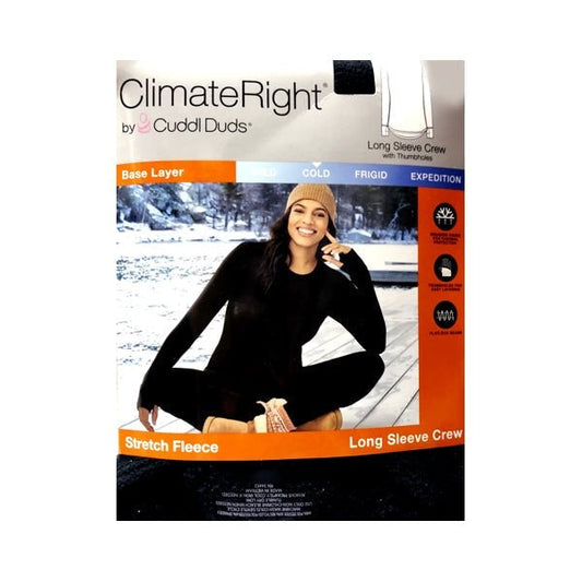 ClimateRight by Cuddl Duds Stretch Fleece Long Sleeve Crew Top with Thumbholes - Black (S) Comfort Flatlock Seams, Tagless Label - $5 Outlet