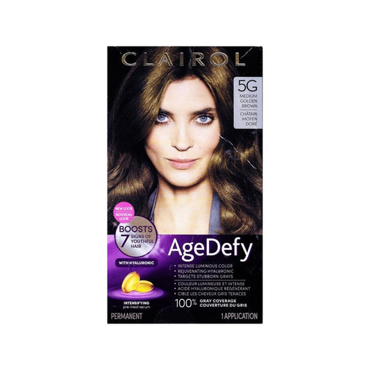 Clairol Age Defy Hair Color Permanent Kit with Hyaluronic (5G Medium Golden Brown) 100% Gray Coverage
