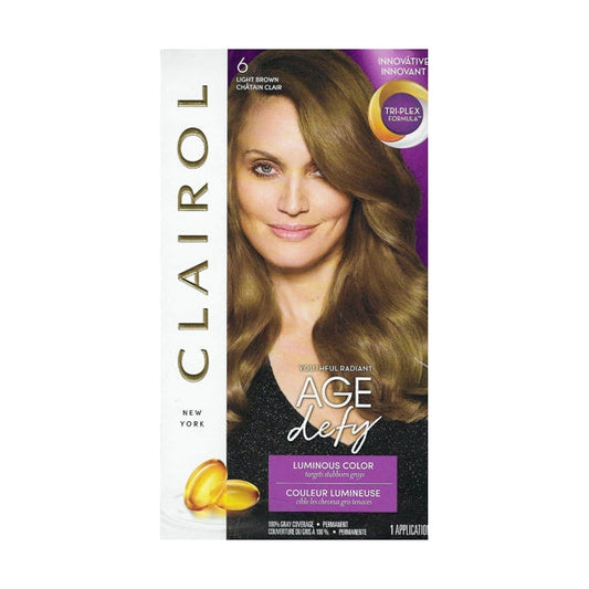Clairol Age Defy Luminous Color Hair Color Permanent Kit with Tri-Plex Formula (6 Light Brown) 100% Gray Coverage