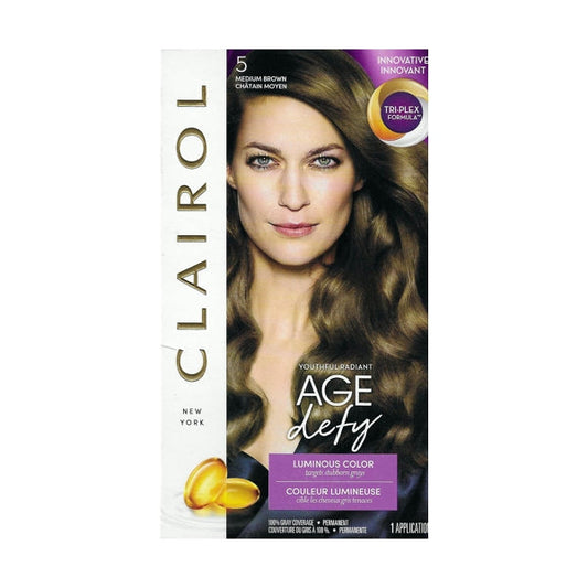 Clairol Age Defy Luminous Color Hair Color Permanent Kit with Tri-Plex Formula (5 Medium Brown) 100% Gray Coverage