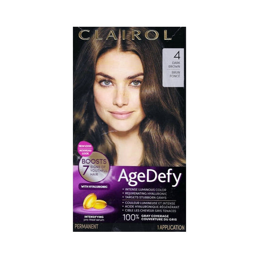 Clairol Age Defy Hair Color Permanent Kit with Hyaluronic (4 Dark Brown) 100% Gray Coverage