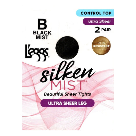 L'eggs Silken Mist Ultra Sheer Run Resistant Control Top Pantyhose Size B - Black Mist (2 Pair Pack)