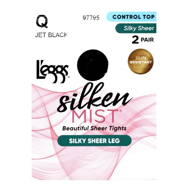 L'eggs Silken Mist Silky Sheer Run Resistant Control Top Pantyhose Size Q - Jet Black (2 Pair Pack)