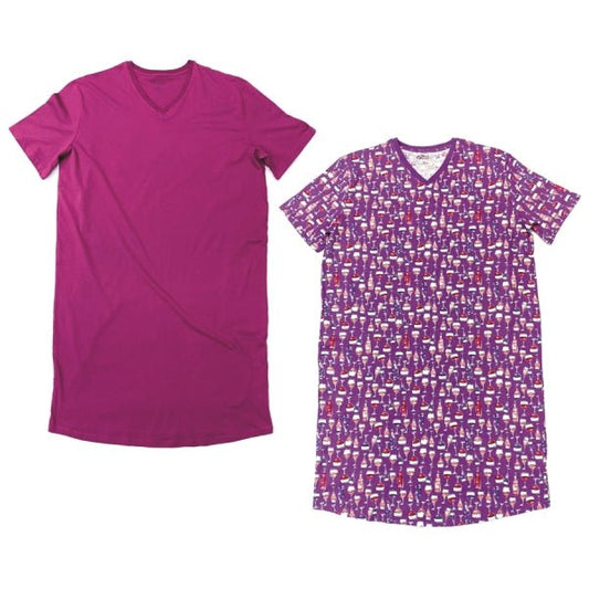 Cozee Corner Womens V-Neck Cotton T-Shirt Nightgowns Set - Wine Down & Raspberry Pink (2-Pack) - $5 Outlet