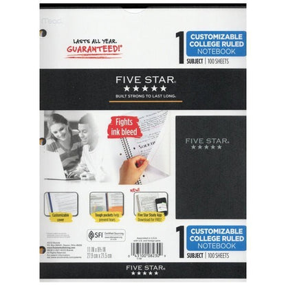 Five Star 1 - Subject College Ruled 8.5" x 11" Customizable Cover Spiral Notebook (100 Sheets) Select Color - Dollar Fanatic