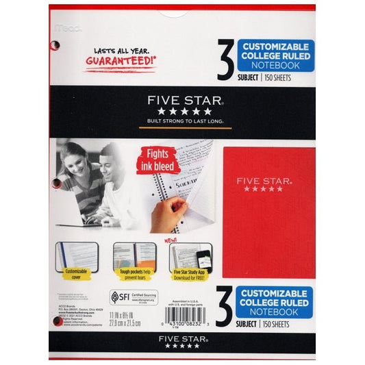 Five Star 3-Subject College Ruled 8.5" x 11" Customizable Cover Spiral Notebook (150 Sheets) Select Color - $5 Outlet