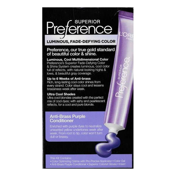 L'Oreal Superior Preference Luminous Fade-Defying Color + Anti-Brass Shine System Hair Color Permanent (7UA Ultra Ash Dark Blonde) Anti-Brass Purple Conditioner - DollarFanatic.com