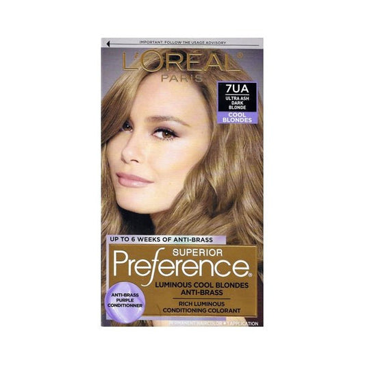 L'Oreal Superior Preference Luminous Fade-Defying Color + Anti-Brass Shine System Hair Color Permanent (7UA Ultra Ash Dark Blonde) Anti-Brass Purple Conditioner - DollarFanatic.com