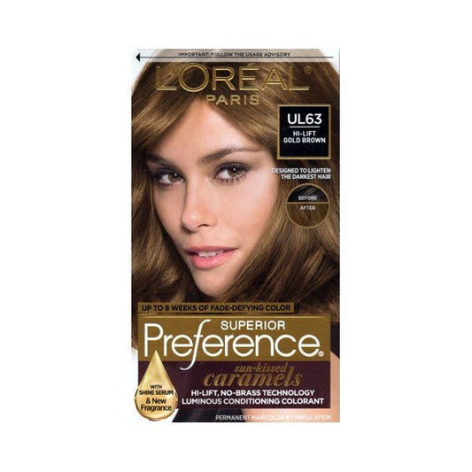 L'Oreal Superior Preference Sun-kissed Caramels Permanent Hair Color Kit (UL63 Hi-Lift Gold Brown) No-Brass Technology - $5 Outlet