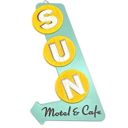 Newclassic Sun Motel and Cafe Novelty Wood and Metal Wall Sign Decor - Yellow/Green (16" X 7.5") - Dollar Fanatic