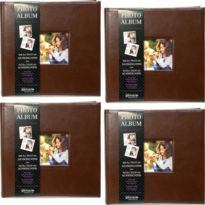 Pinnacle Photo Album Book with Picture Window and Memo Writing Space - Faux Brown Leather Hardcover (9.5" x 8.75", 60 Pages) Holds 4 x 6 Pictures and 5 x 7 Pictures - Dollar Fanatic