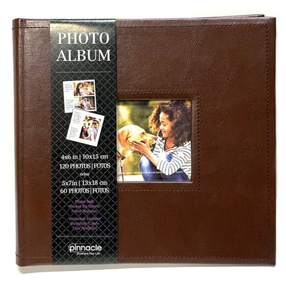 Pinnacle Photo Album Book with Picture Window and Memo Writing Space - Faux Brown Leather Hardcover (9.5" x 8.75", 60 Pages) Holds 4 x 6 Pictures and 5 x 7 Pictures - Dollar Fanatic