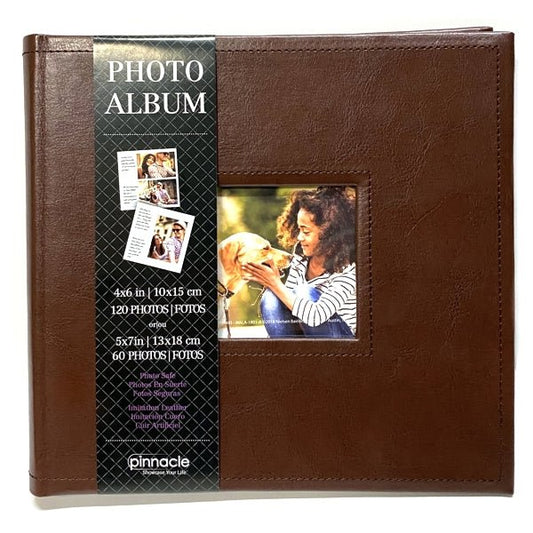 Pinnacle Photo Album Book with Picture Window and Memo Writing Space - Faux Brown Leather Hardcover (9.5" x 8.75", 60 Pages) Holds 4 x 6 Pictures and 5 x 7 Pictures - Dollar Fanatic