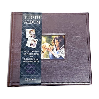 Pinnacle Photo Album Book with Picture Window and Memo Writing Space - Faux Brown Leather Hardcover (9.5" x 8.75", 60 Pages) Holds 4 x 6 Pictures and 5 x 7 Pictures - Dollar Fanatic