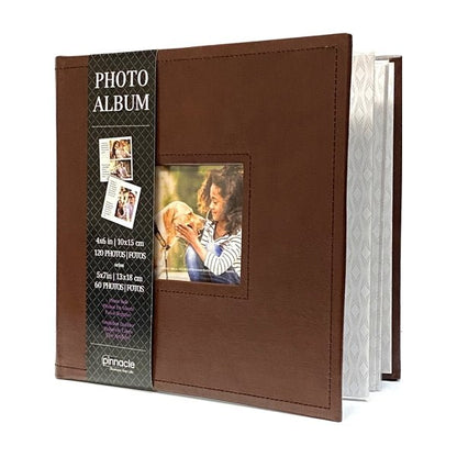 Pinnacle Photo Album Book with Picture Window and Memo Writing Space - Faux Brown Leather Hardcover (9.5" x 8.75", 60 Pages) Holds 4 x 6 Pictures and 5 x 7 Pictures - Dollar Fanatic