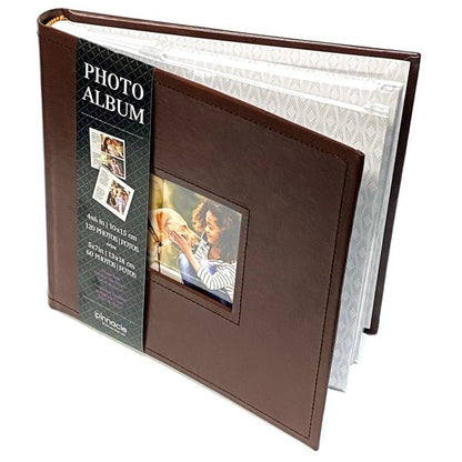 Pinnacle Photo Album Book with Picture Window and Memo Writing Space - Faux Brown Leather Hardcover (9.5" x 8.75", 60 Pages) Holds 4 x 6 Pictures and 5 x 7 Pictures - Dollar Fanatic