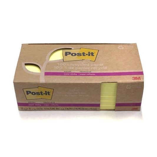 Post-it 3'' x 3'' Super Sticky Note Pads - 70 Sheets (12 Pack) 100% Recycled Paper - $5 Outlet