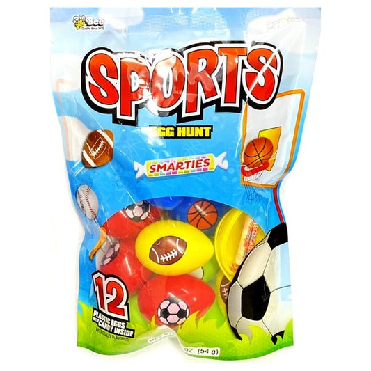 Sports Egg Hunt Theme Plastic Fillable Eggs with Smarties Candy (12 Count) - $5 Outlet