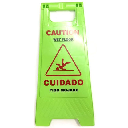 Caution Wet Floor Folding Floor Sign - Green (24" x 11.5") Bilingual English and Spanish Text - DollarFanatic.com