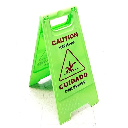 Caution Wet Floor Folding Floor Sign - Green (24" x 11.5") Bilingual English and Spanish Text - DollarFanatic.com