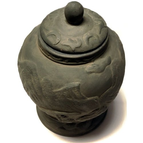 Charcoal Gray Terracotta Carved Table Vase with Lid - Chinese Mountain Scene (5") - $5 Outlet