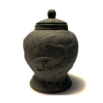 Charcoal Gray Terracotta Carved Table Vase with Lid - Chinese Mountain Scene (5") - $5 Outlet