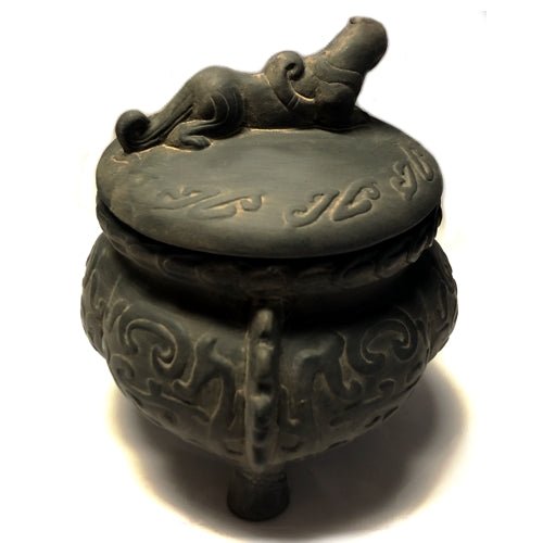 Charcoal Gray Terracotta Carved Trinket Box Vase with Lid - Decorative 3-Leg Base (4.5") - $5 Outlet