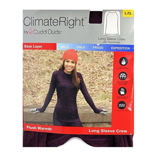 ClimateRight by Cuddl Duds Plush Warmth Long Sleeve Crew Top with Thumbholes - Berry/Black (Size Large) Comfort Flatlock Seams, Tagless Label - $5 Outlet
