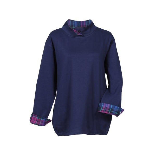 Denim Moves Women's Long Sleeve Button Mock Neck Pullover Sweatshirt with Plaid Collar, Cuffs and Pockets - Navy Blue (Size Large) - DollarFanatic.com