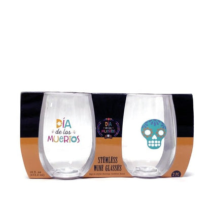 Evriholder Cocktail Stemless Wine Glass 2-Piece Set - Dia del los Muertos (16 fl. oz. ea.) - DollarFanatic.com