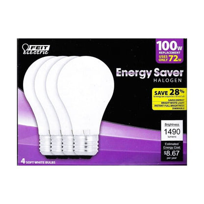 Feit Electric 100W Fully Dimmable A19 Halogen Light Bulbs - Soft White (4 Pack) 100W Replacement using Only 72 Watts - DollarFanatic.com