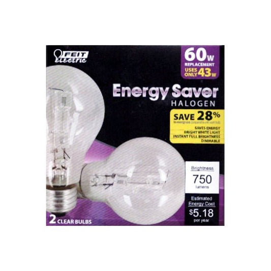Feit Electric 43W Dimmable Halogen Light Bulbs - Clear (2 Pack) 60W Replacement using Only 43 Watts - DollarFanatic.com