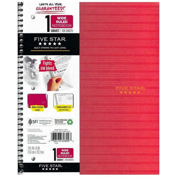 Five Star 1 Subject Wide Ruled Plastic Cover Spiral Notebook - Red (100 Sheets) - DollarFanatic.com