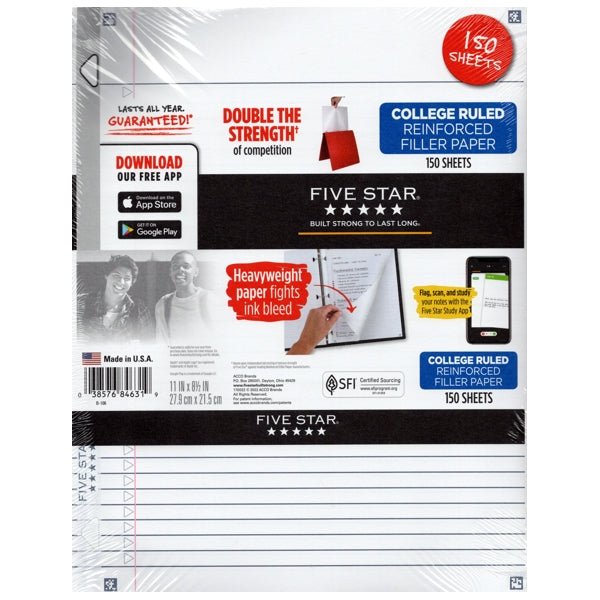 Five Star College Ruled 8-1/2" x 11" Reinforced Notebook Paper (150 Sheets) - DollarFanatic.com