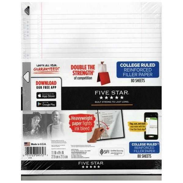 Five Star College Ruled 8-1/2" x 11" Reinforced Notebook Paper (80 Sheets) - DollarFanatic.com