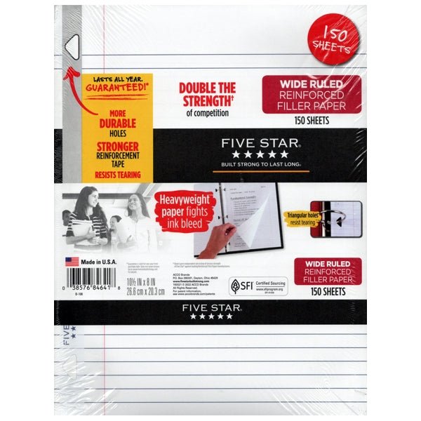 Five Star Wide Ruled 8-1/2" x 10.5" Reinforced Notebook Paper (150 Sheets) - DollarFanatic.com