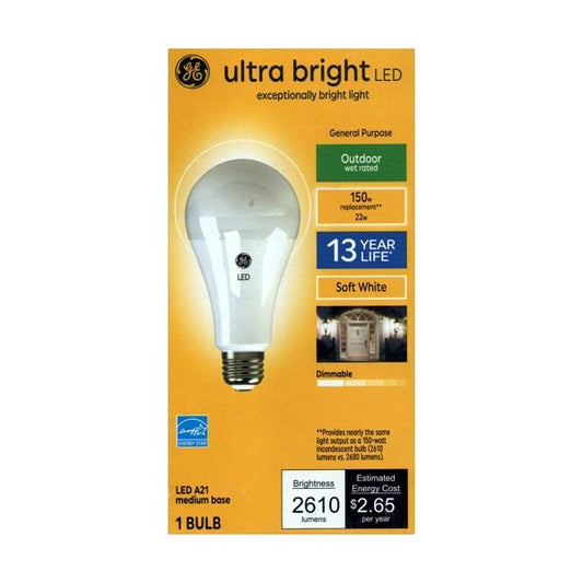 GE 22 Watt Ultra Bright A21 LED Light Bulb - Soft White (1 Count) For Indoor or Outdoor Use, 150 Watt Replacement - DollarFanatic.com