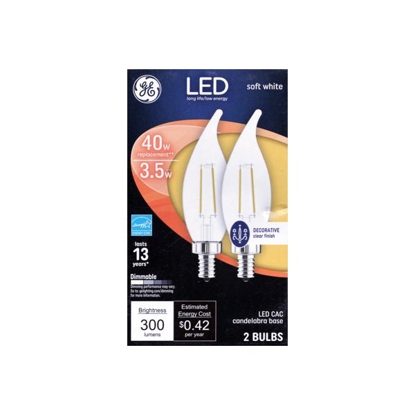 GE 3.5W Dimmable Bent Tip Candelabra LED Light Bulbs - Soft White (2 Pack) 40W replacement using only 3.5 Watts - DollarFanatic.com
