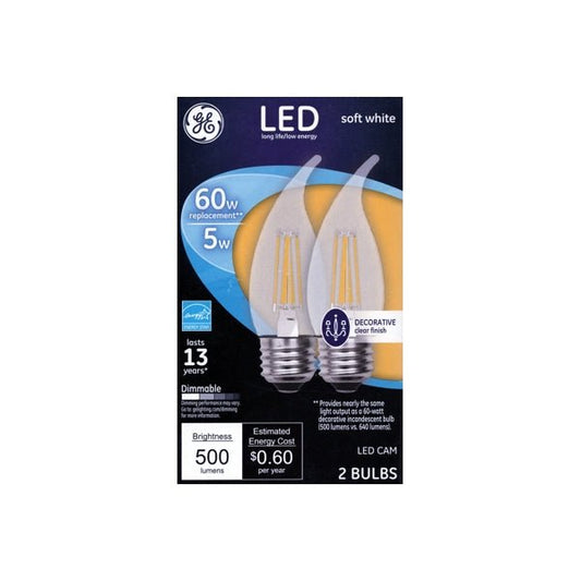 GE 5W Decorative Bent Tip Dimmable LED Light Bulbs - Soft White (2 Pack) 60W Replacement using only 5W - DollarFanatic.com