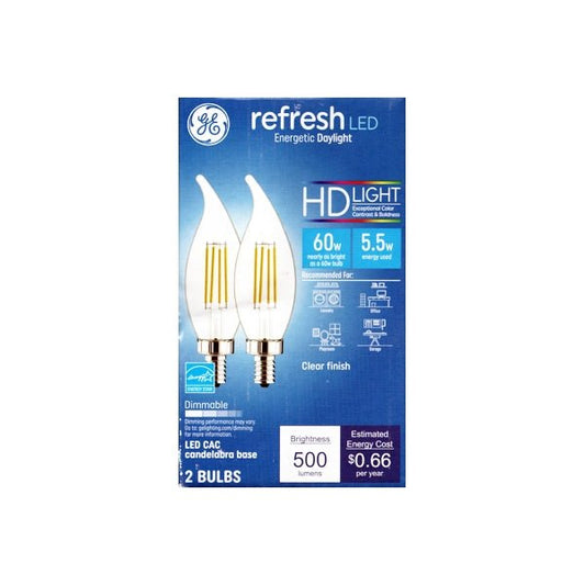 GE Refresh HD 5.5W Dimmable Bent Tip Candelabra LED Light Bulbs - Clear (2 Pack) 60W replacement using only 5.5 Watts - $5 Outlet