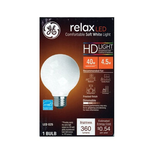 GE Relax HD 4.5 Watt Dimmable Globe G25 LED Light Bulb - Soft White (1 Count) 40 Watt Replacement using only 4.5 Watts - $5 Outlet