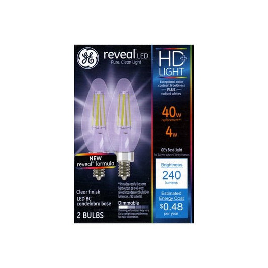 GE Reveal HD 4W Dimmable Candelabra LED Light Bulbs - Clear (2 Pack) 40W replacement using only 4 Watts - $5 Outlet