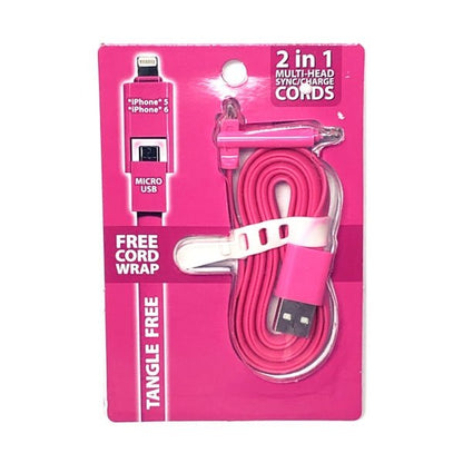 GetCharged Dual Lightning/Micro USB Sync Charging Tangle-Free Flat Cord Cable with Cord Wrap (Select Color) For iPhone and Android Phone - DollarFanatic.com